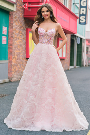 Sparkly Princess Pink Strapless Corset Floral Long Ball Dress With Sequins